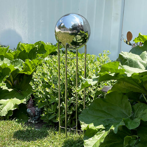 Stainless Steel Pedestal with gazing globe in garden