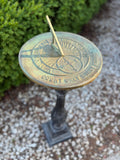 Solid Brass Count Only Sunny Hours Sundial - by Rome #1820 on pedestal outside full view