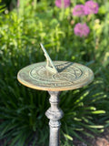 Solid Brass Count Only Sunny Hours Sundial - by Rome #1820 on pedestal in garden side view