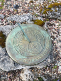 Solid Brass Count Only Sunny Hours Sundial - by Rome #1820 on pedestal outside top view
