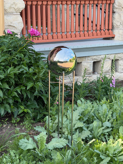 Stainless Steel Pedestal with gazing globe in garden view b