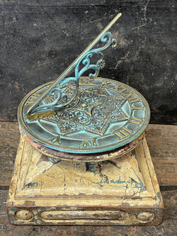 Brass Gothic Sundial #2311 On Antique Wood Plinth